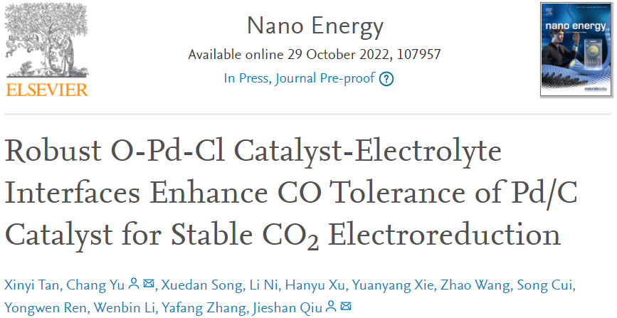 邱介山/于畅Nano Energy：FE近100%！O-Pd-Cl催化剂-电解质界面增强Pd/C催化剂助力CO2电还原为CO