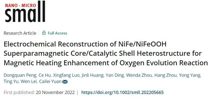 ​江西师大Small：NiFe/NiFeOOH超顺磁性核/催化壳异质结构电化学重构用于磁加热强化析氧反应