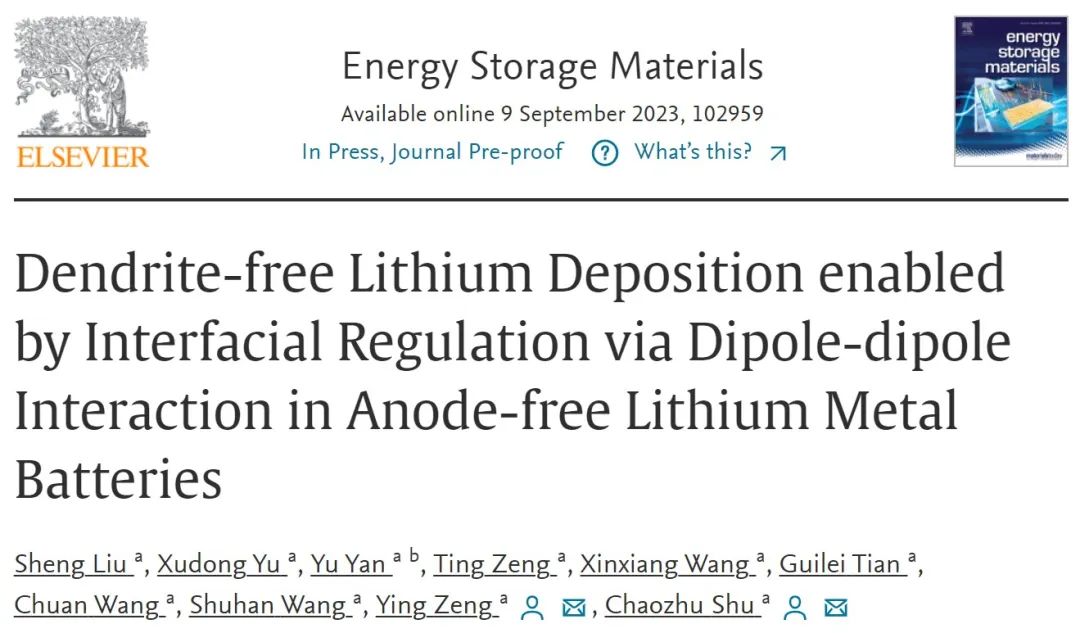 曾英/舒朝著EnSM：通过偶极-偶极相互作用实现界面调节助力无负极锂金属电池