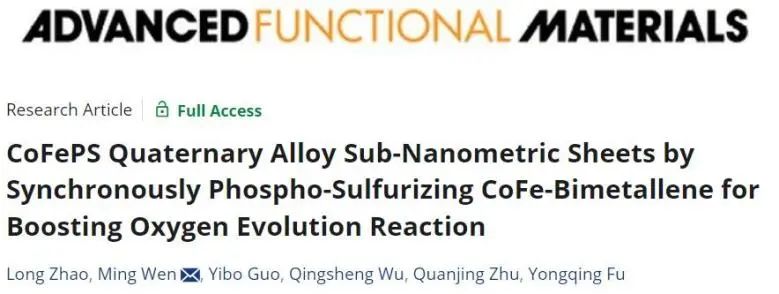 ​同济AFM：同步磷硫化法制备CoFePS四元合金亚纳米片，实现高效稳定催化析氧反应