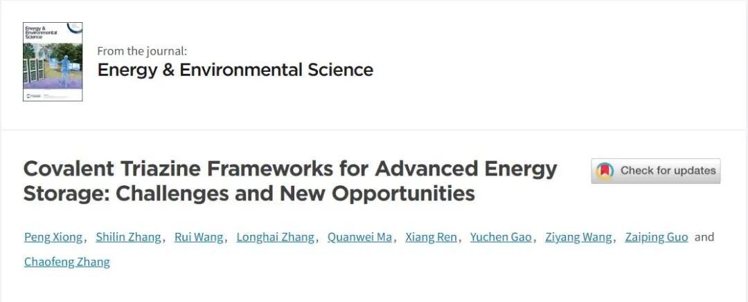 张朝峰/郭再萍/张仕林​EES：用于先进储能的共价三嗪框架——挑战和新机遇