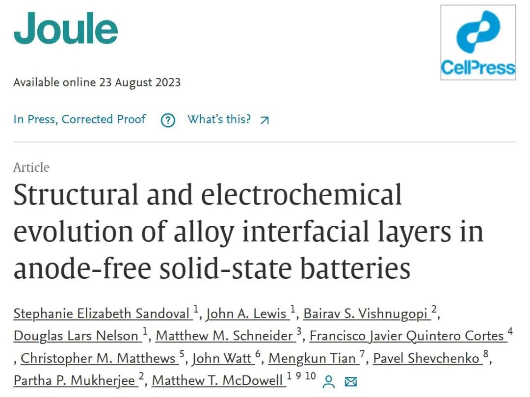 ​Joule：无负极固态电池合金界面层的结构和电化学演化