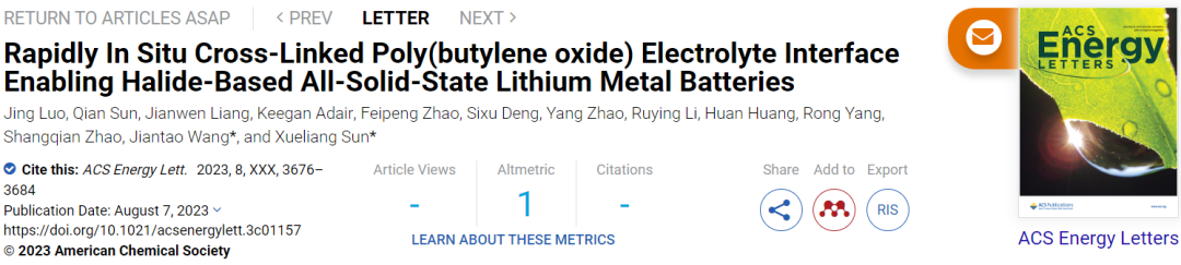 孙学良/梁剑文ACS Energy Letters：基于卤化物的全固态LMBs！