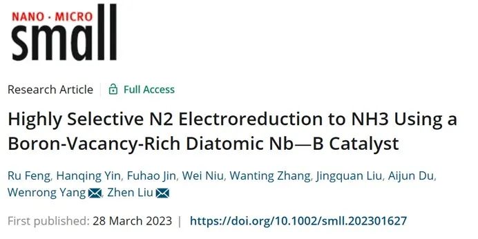 Small：富硼空位！双原子！催化剂实现高选择性的将N2还原成NH3