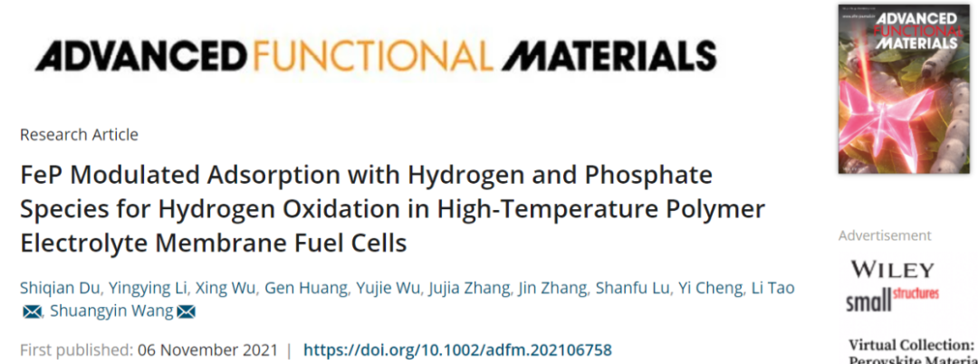 王双印/陶李AFM：FeP对高温聚合物电解质膜燃料电池中氢氧化的氢和磷酸盐的调制吸附