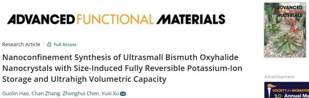 徐宇曦AFM：具有完全可逆钾离子储存和超高容量的超小BiOX纳米晶体