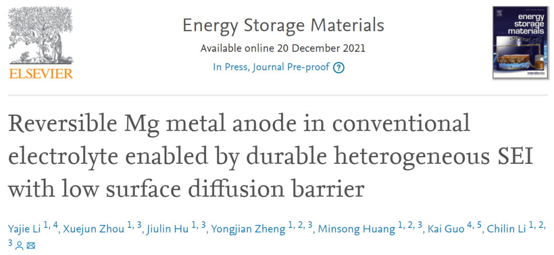 上硅所李驰麟EnSM: 耐用异质SEI实现传统电解液中的可逆镁金属负极