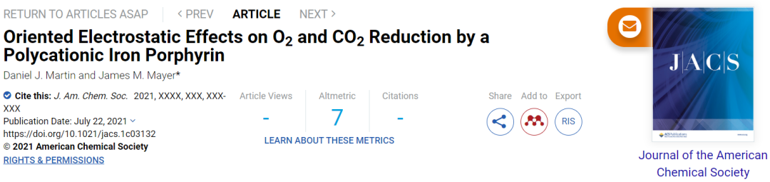 JACS：聚阳离子铁卟啉对O2和CO2还原的定向静电效应