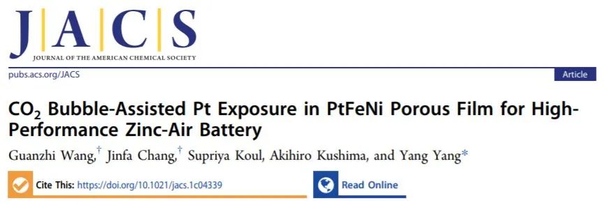 杨阳JACS: CO2气泡辅助PtFeNi多孔片上Pt的暴露用于高效锌-空电池