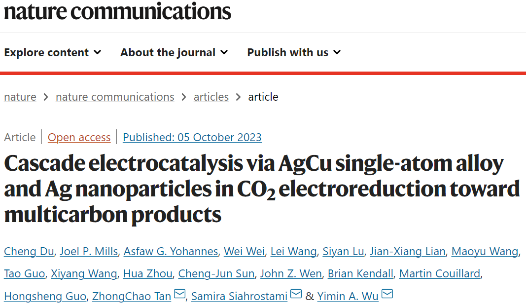 ​吴一民等Nature子刊：AgCu单原子合金和Ag纳米颗粒级联电催化CO2还原