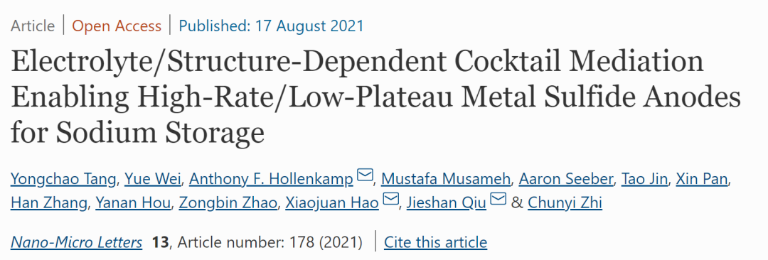 邱介山/郝晓娟等NML: 基于“鸡尾酒效应”的钠离子电池用高倍率、低平台金属硫化物负极