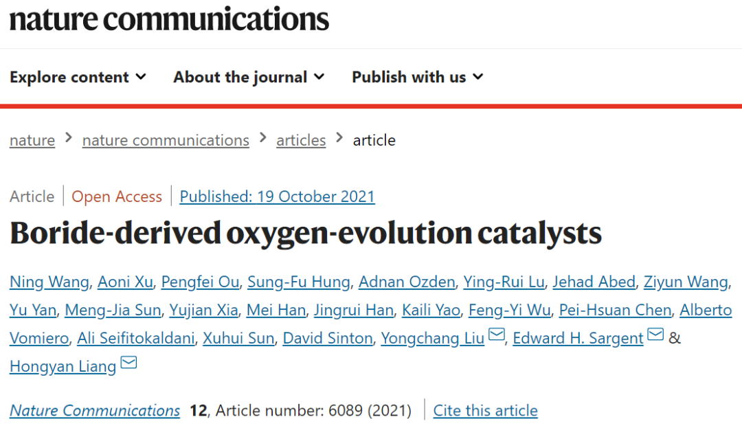 Edward H. Sargent/梁红艳/刘永长Nature子刊：硼化物衍生的OER电催化剂