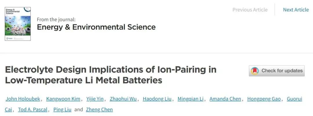 加州大学圣地亚哥分校刘平/陈政/Tod A. Pascal等EES：聚焦低温电解液设计