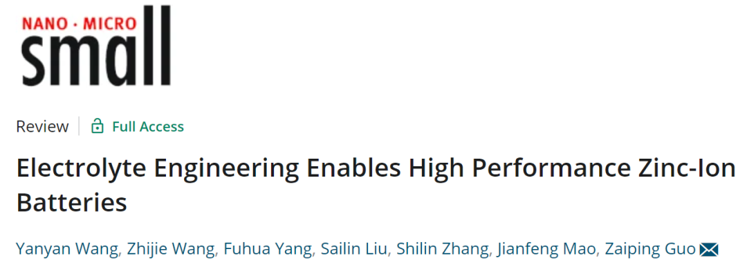 郭再萍教授Small综述: 用于高性能锌离子电池的电解液工程