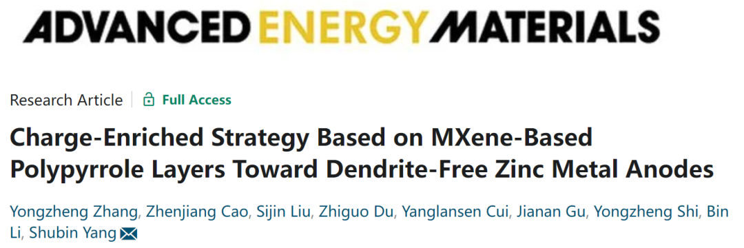 北航杨树斌AEM: 基于MXene-聚吡咯层的电荷富集策略实现无枝晶锌负极