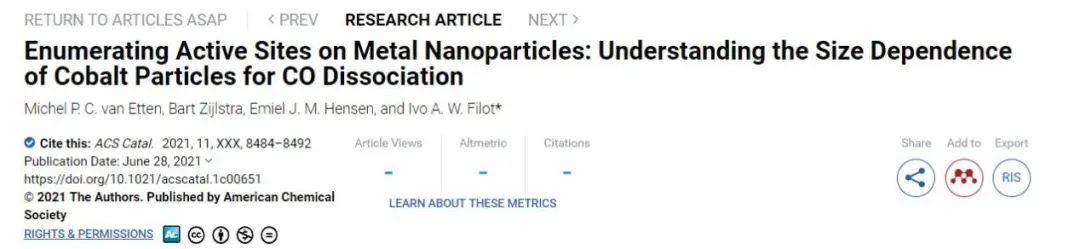 ACS Catalysis：枚举金属纳米颗粒的活性位点，探索钴颗粒对CO解离的尺寸依赖性