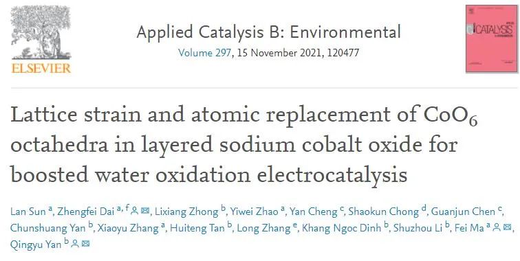 Appl. Catal. B:层状氧化钴钠中CoO6八面体的晶格应变和原子置换用于增强电催化水氧化