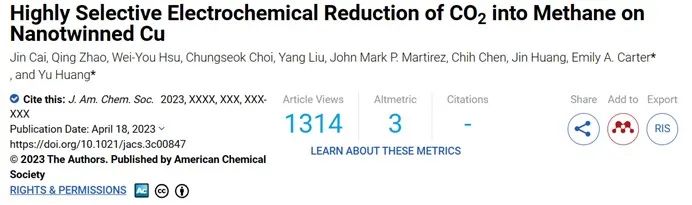 ​JACS：纳米孪晶Cu高选择性的将CO2电化学还原为甲烷