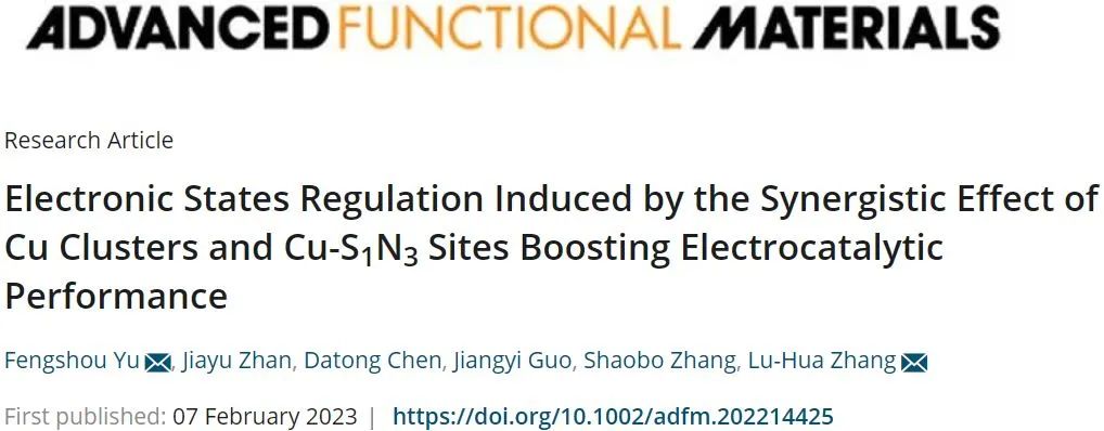 ​河工大AFM：Cu团簇和Cu-S1N3位点协同作用诱导的电子态调控促进电催化性能