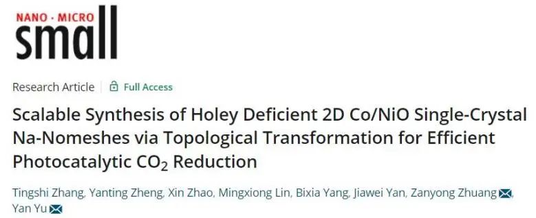 福大Small：拓扑转换策略功不可没！合成多孔二维Co/NiO用于高效光催化CO2还原