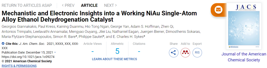 JACS：研究NiAu单原子合金催化乙醇脱氢的机理和电子学