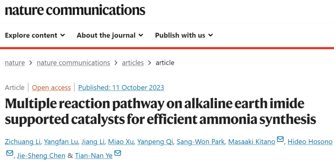 Nature子刊：碱土亚胺负载催化剂的多反应途径高效合成氨