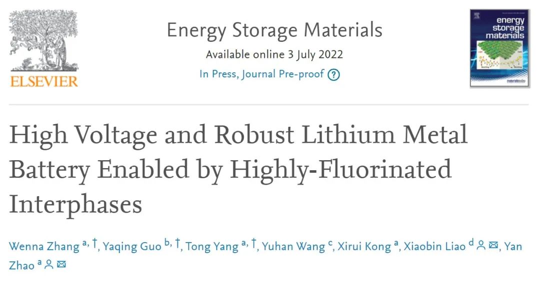 赵焱/廖小彬EnSM：基于全氟化电解液的高压高稳定锂金属电池