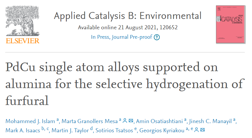 阿斯顿大学Appl. Catal. B.：氧化铝负载PdCu SAA助力糠醛选择加氢