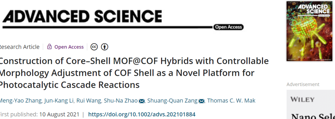 郑大臧双全/赵淑娜Adv. Sci.：具有可控COF壳形貌的核-壳MOF@COF杂化物助力光催化级联反应