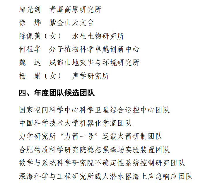 最新：2022年中科院年度人物和年度团队候选名单公布！