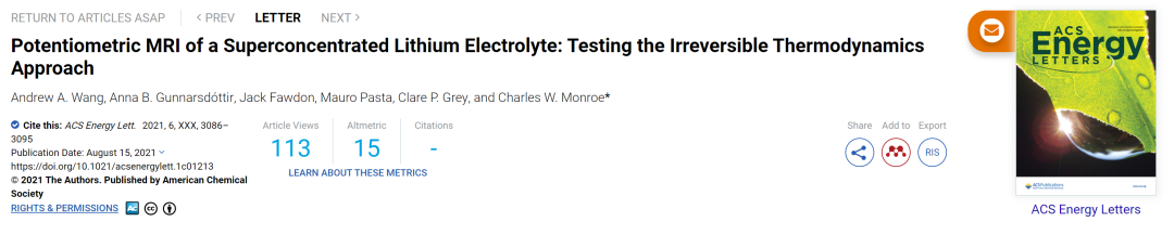 牛津ACS Energy Lett.: 超浓缩电解质的电位MRI：一种测试不可逆热力学的方法