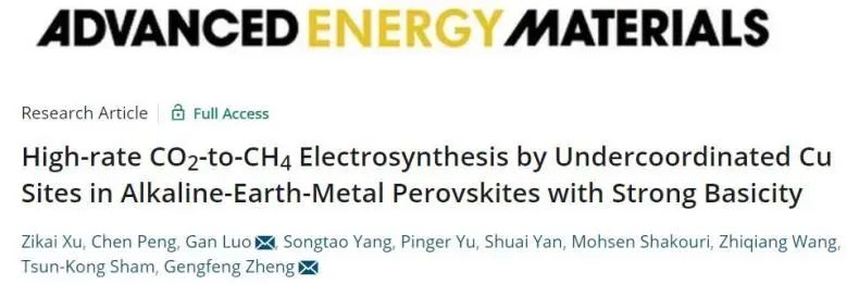 郑耿锋/罗干AEM：强碱性碱土金属钙钛矿中低配位Cu位点实现高速CO2电还原为CH4