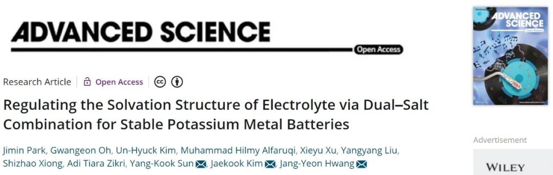 Adv. Sci.：通过双盐组合调节电解液溶剂化结构实现稳定的钾金属电池