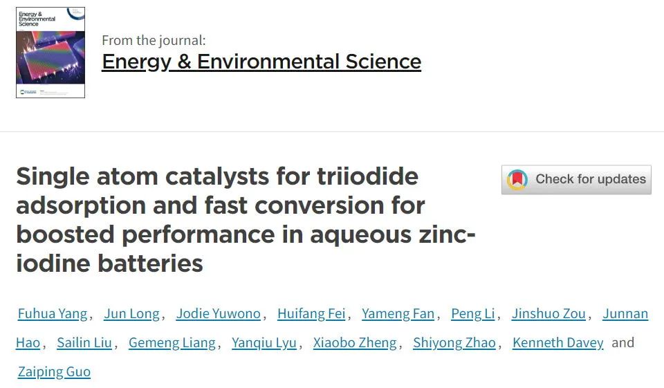 郭再萍等EES：Cu单原子抑制锌-碘电池的穿梭效应