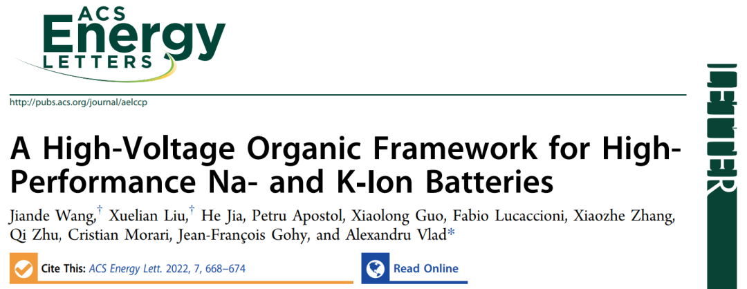 鲁汶大学ACS Energy Lett.: 用于高性能钠/钾离子电池的高压有机框架