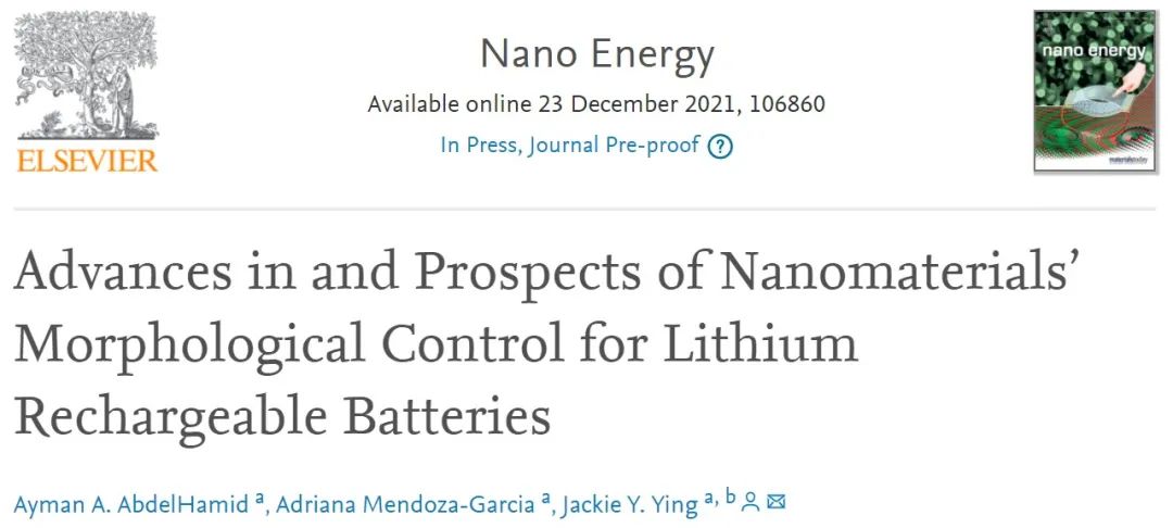 Nano Energy：可充锂电池用纳米材料形态控制的进展与展望