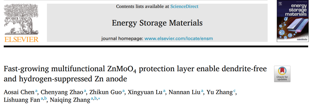 哈工大张乃庆EnSM：多功能ZnMoO4保护层实现抑制枝晶和析氢的锌负极
