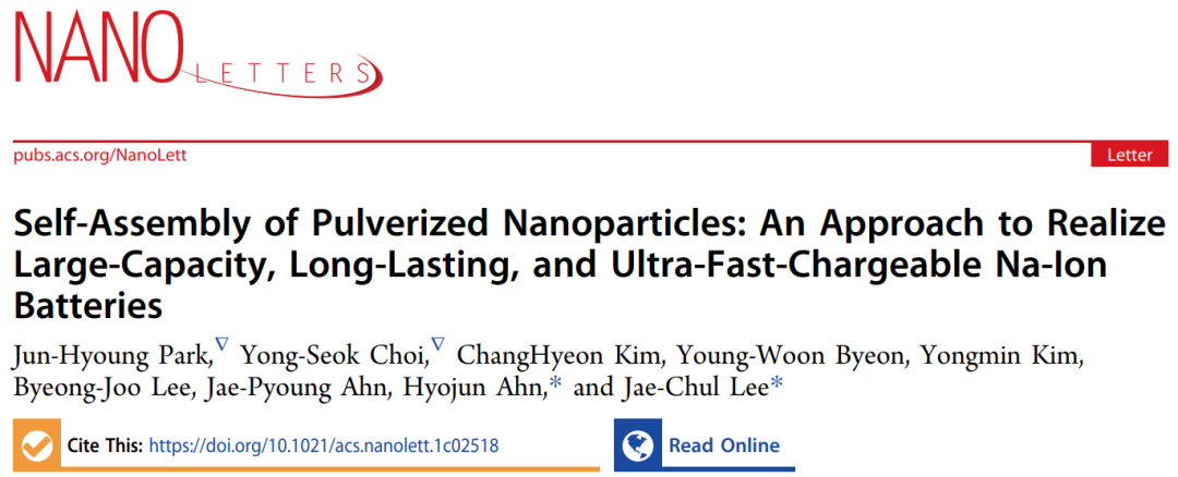 Nano Lett.：粉状纳米粒子自组装实现大容量、长寿命和超快充电的钠离子电池