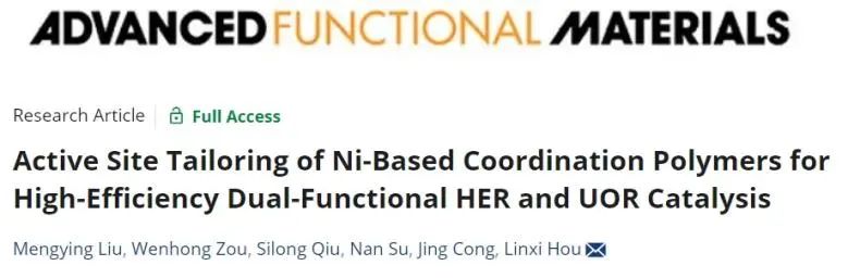 ​侯琳熙课题组AFM：引入W位点，有效促进Ni基配位聚合物催化HER和UOR