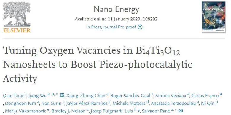 ​苏黎世联邦理工Nano Energy: 调节Bi4Ti3O12纳米片中的氧空位以提高压电光催化活性