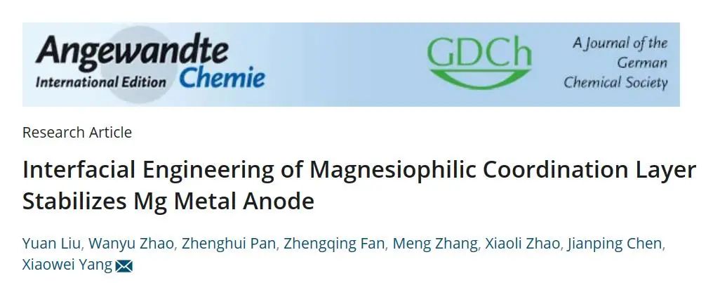 ​上交杨晓伟教授Angew.：亲镁配位层界面工程稳定镁金属负极