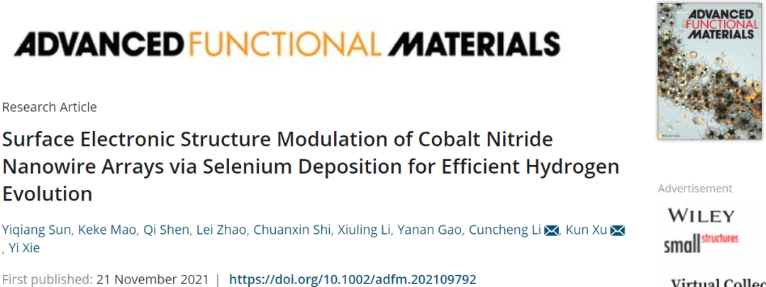 徐坤/李村成AFM：Se沉积调控Co4N纳米线阵列的表面电子结构助力高效HER