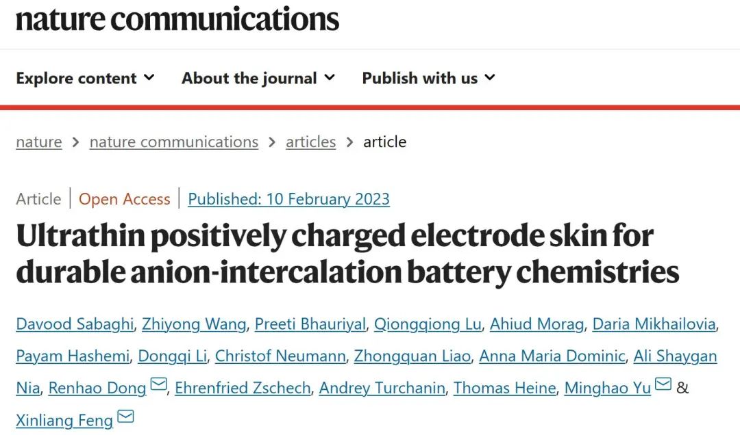 ​冯新亮/于明浩/董人豪Nature子刊：用于耐用阴离子插层电池化学的超薄正电电极皮