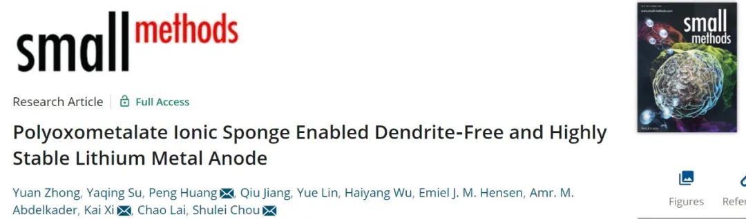 温大/剑桥/江苏师大Small Methods：多金属氧酸盐电解液添加剂实现稳定的锂金属负极