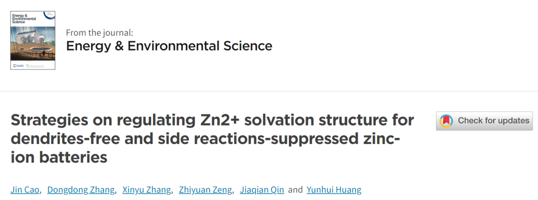 黄云辉/秦家千/张新宇EES: 无枝晶/副反应锌电池中Zn2+溶剂化的结构调控
