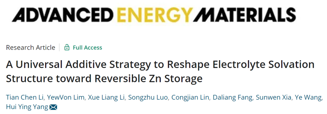 杨会颖AEM: 用于可逆储锌的重塑电解质溶剂化结构的通用添加剂策略