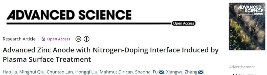 江南大学付少海等Adv. Sci.：等离子体表面处理获得无枝晶锌负极