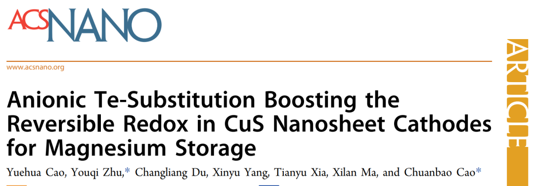 曹传宝/朱有启ACS Nano: 阴离子Te取代提高CuS纳米片正极的储镁性能