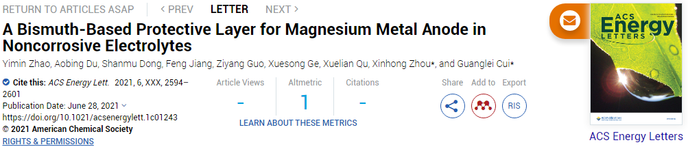 ACS Energy Lett.：用于非腐蚀性电解液中镁金属负极的铋基保护层