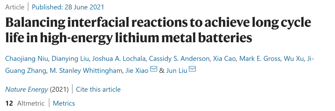 ​Nature Energy: 平衡界面反应以实现高能锂金属电池的长循环寿命